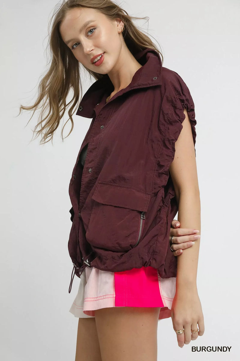Drawstring Hem Nylon Vest with Pockets and Snap Button Closure Secondary image