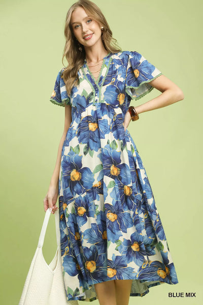 Umgee Tropical Floral V-Neck Dress