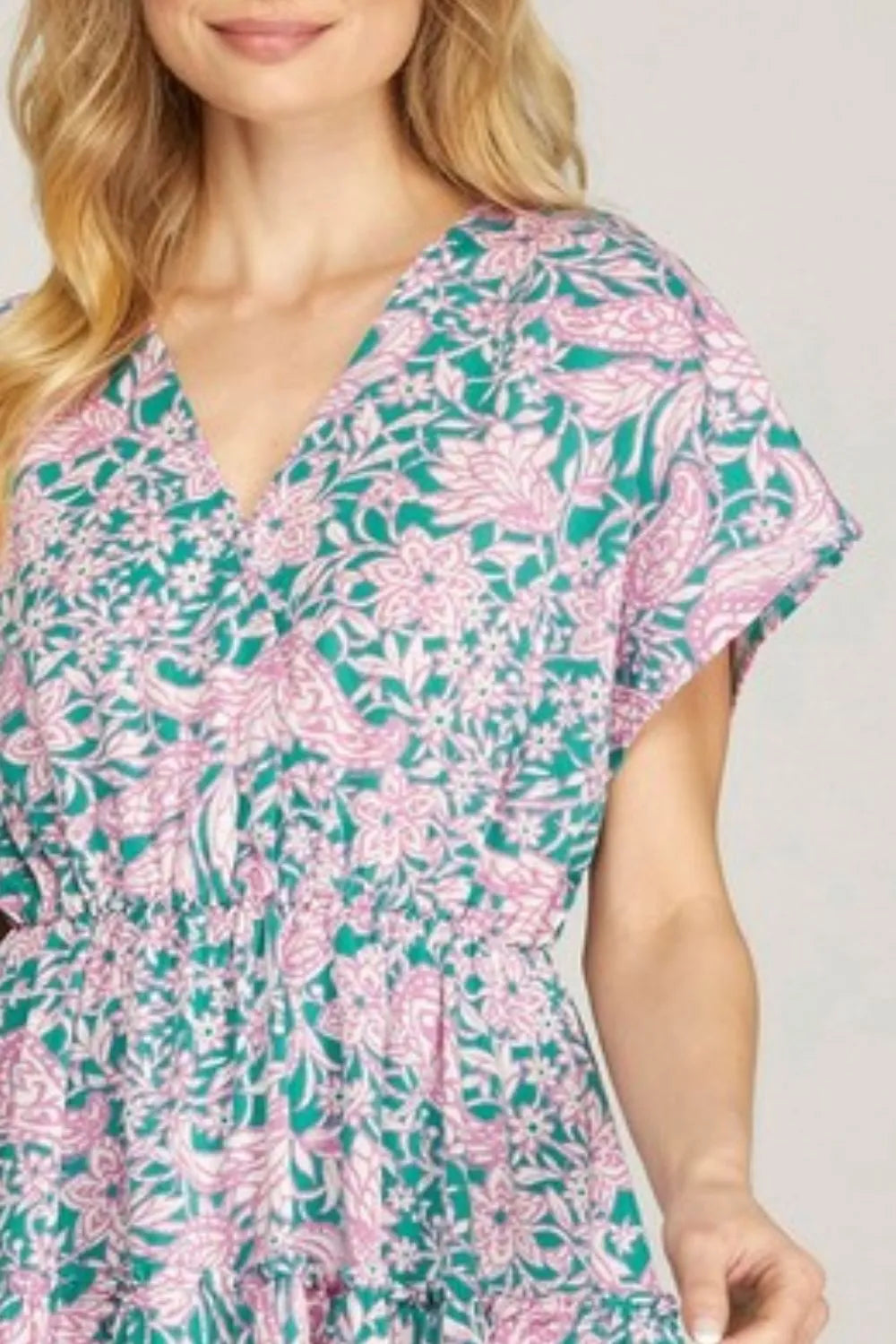 She + Sky Full Size Ruffled Hem Printed Surplice Kimono Sleeve Mini Dress Plus Size Secondary image