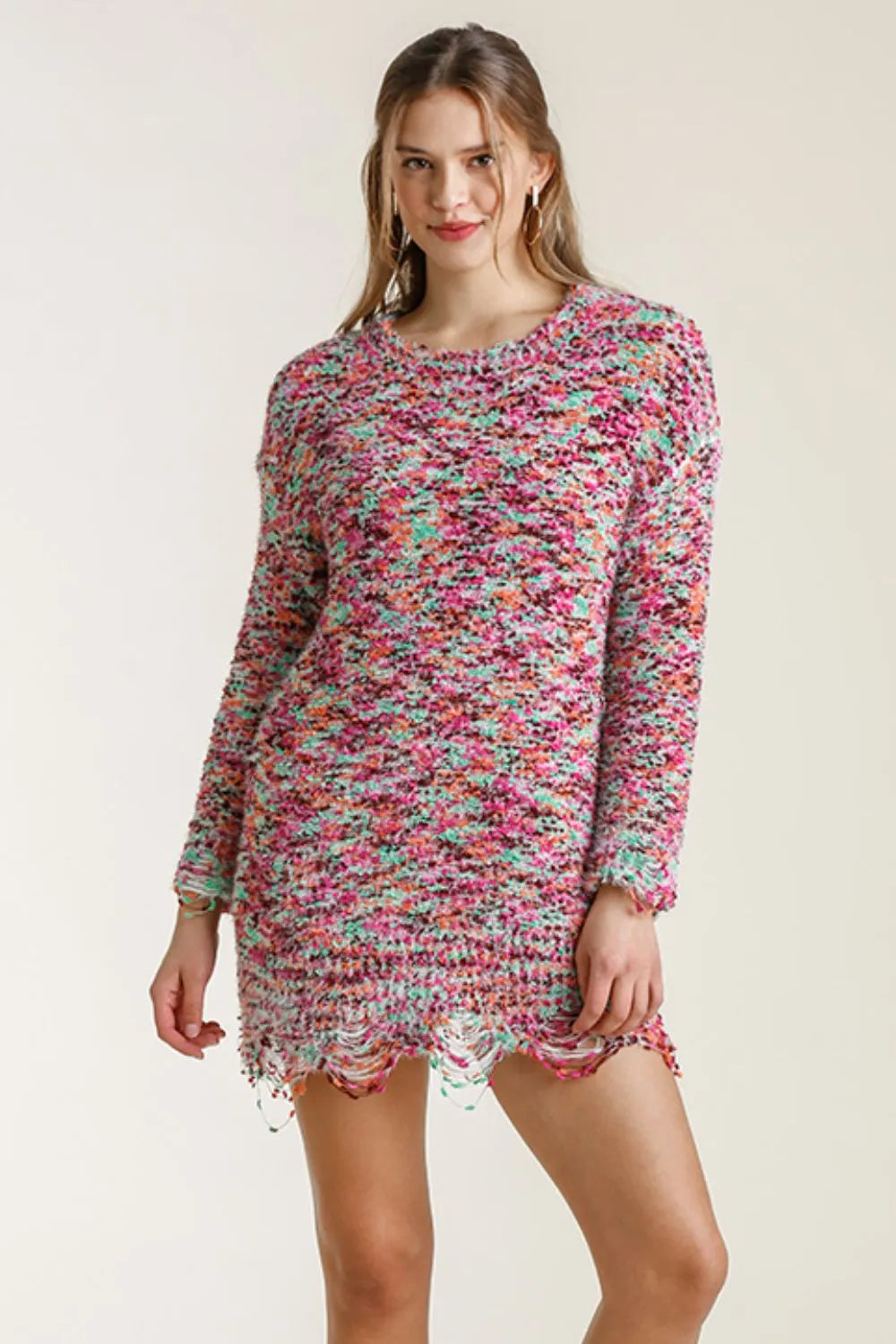 Umgee Plus Size Distressed Hem Multicolored Round Neck Knit Tunic Dress Secondary image