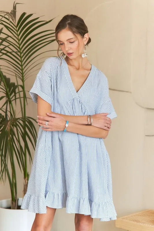 ADORA Ruffled Hem Striped V-Neck Babydoll Dress Secondary image