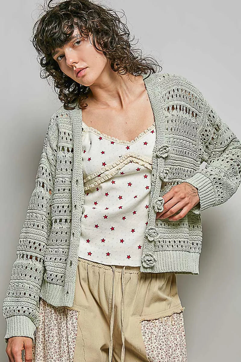 Open-Knit Floral Button Cardigan with 3D Flower Accents Secondary image