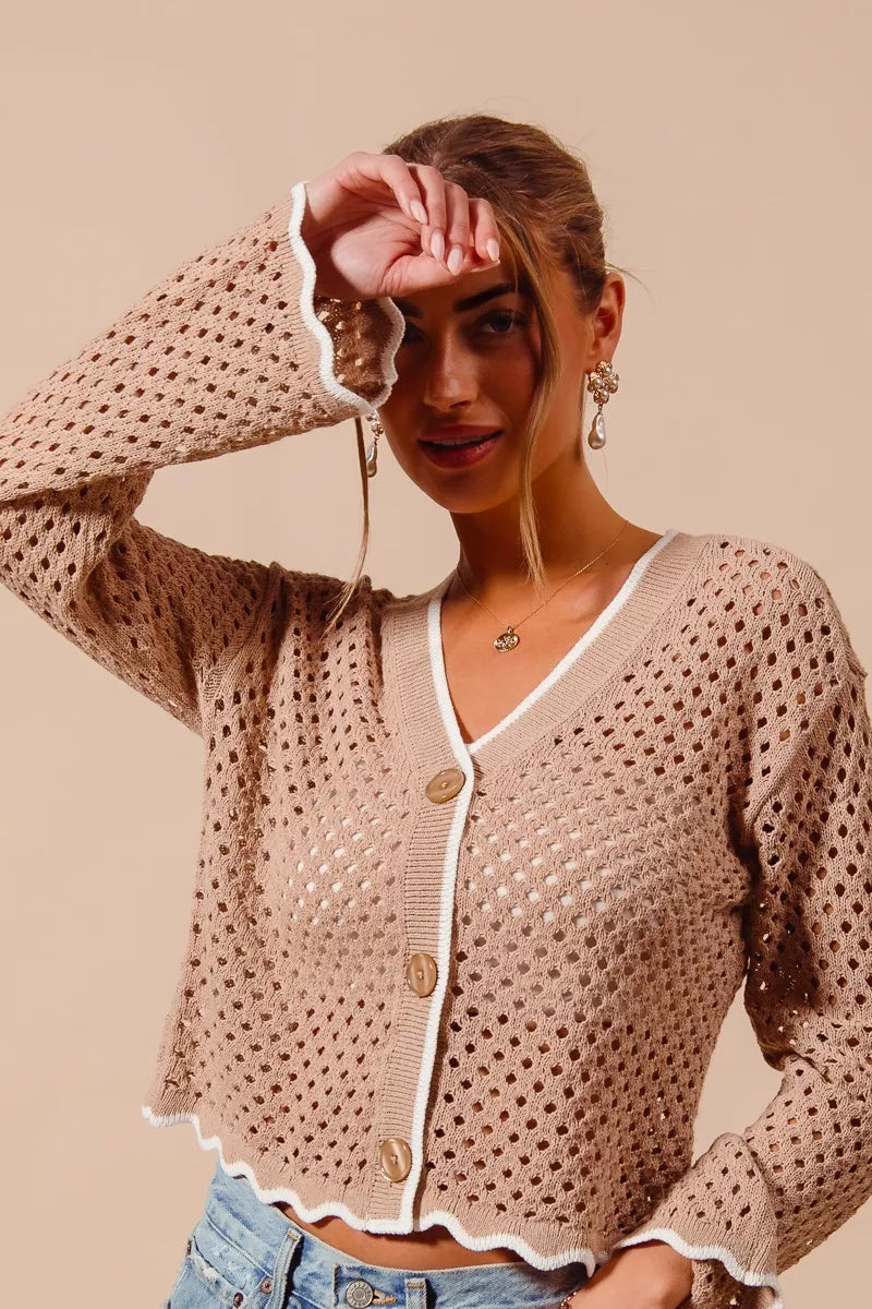 Open Knit Lightweight Sweater Cardigan with Contrast Wavy Scallop Edge Secondary image