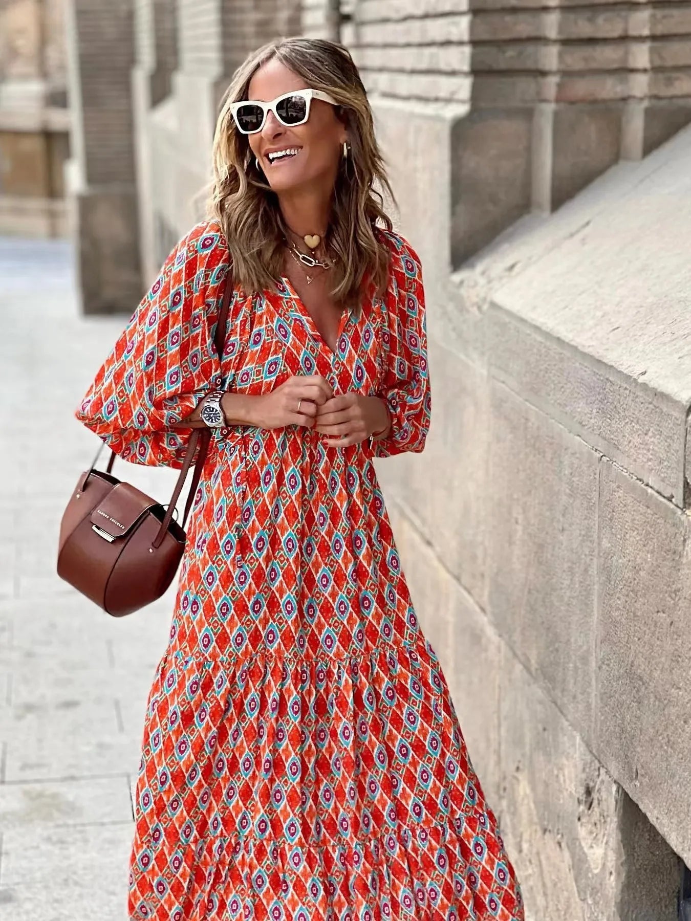 Plus Size Printed V-Neck Balloon Sleeve Maxi Dress Secondary image