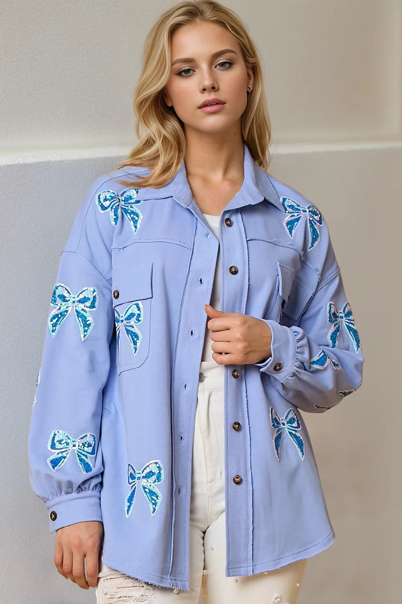 Sequin Bow Button-Up Shacket with Pockets Main image
