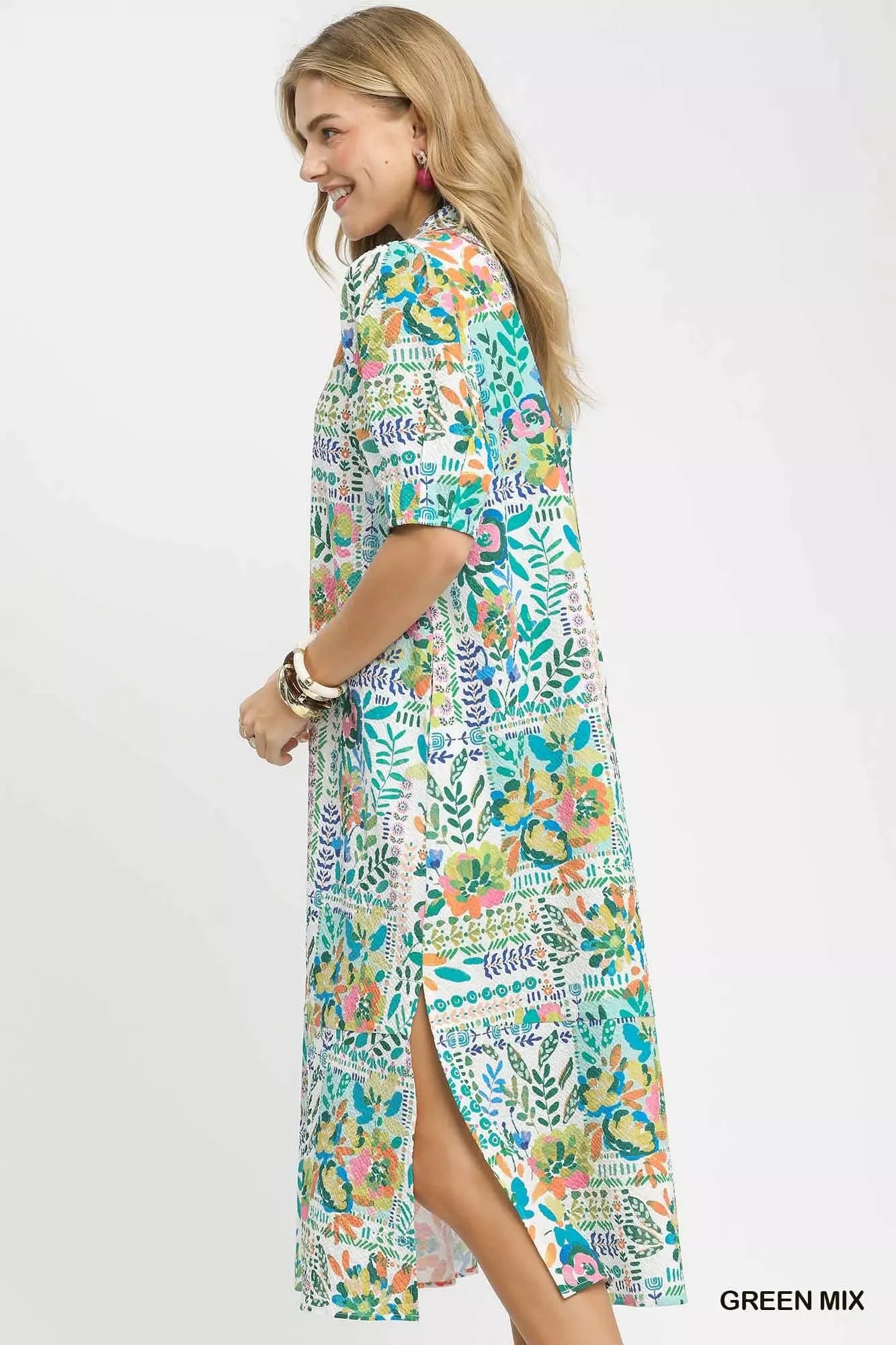 Umgee Folk Print Midi Dress with Side Pockets Secondary image