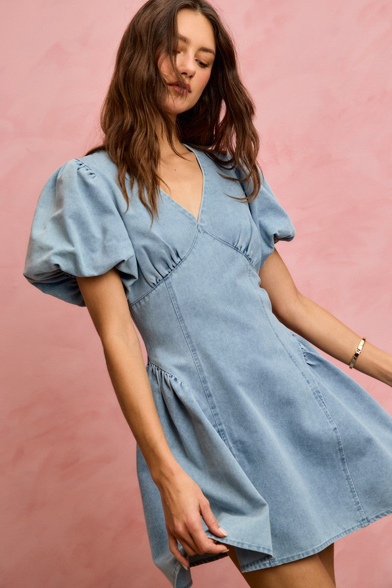 SO ME Bubble Sleeves Denim Mini Dress Secondary image