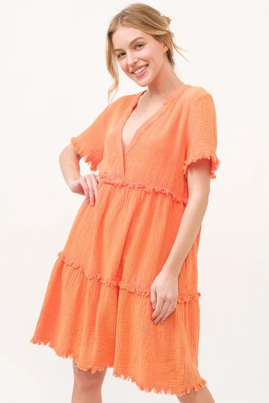 Trendy Washed Frayed Detail Tiered Dress Secondary image