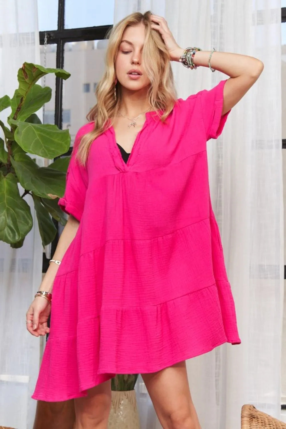 ADORA Tiered Notched Short Sleeve Dress Secondary image