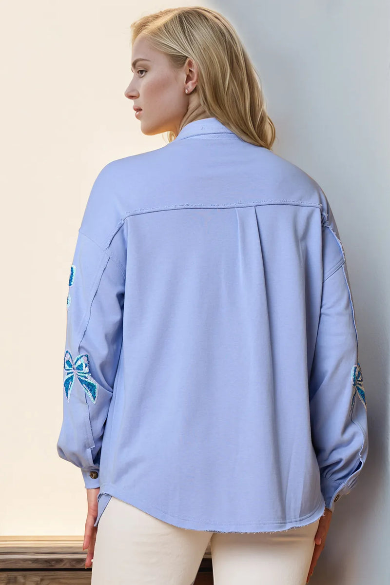 Sequin Bow Button-Up Shacket with Pockets Secondary image