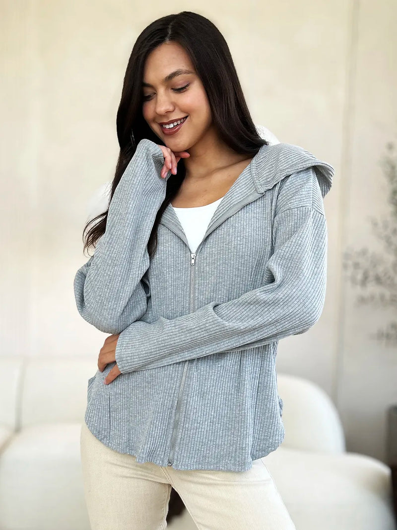 Ribbed Zip Up Drawstring Hooded Jacket Main image