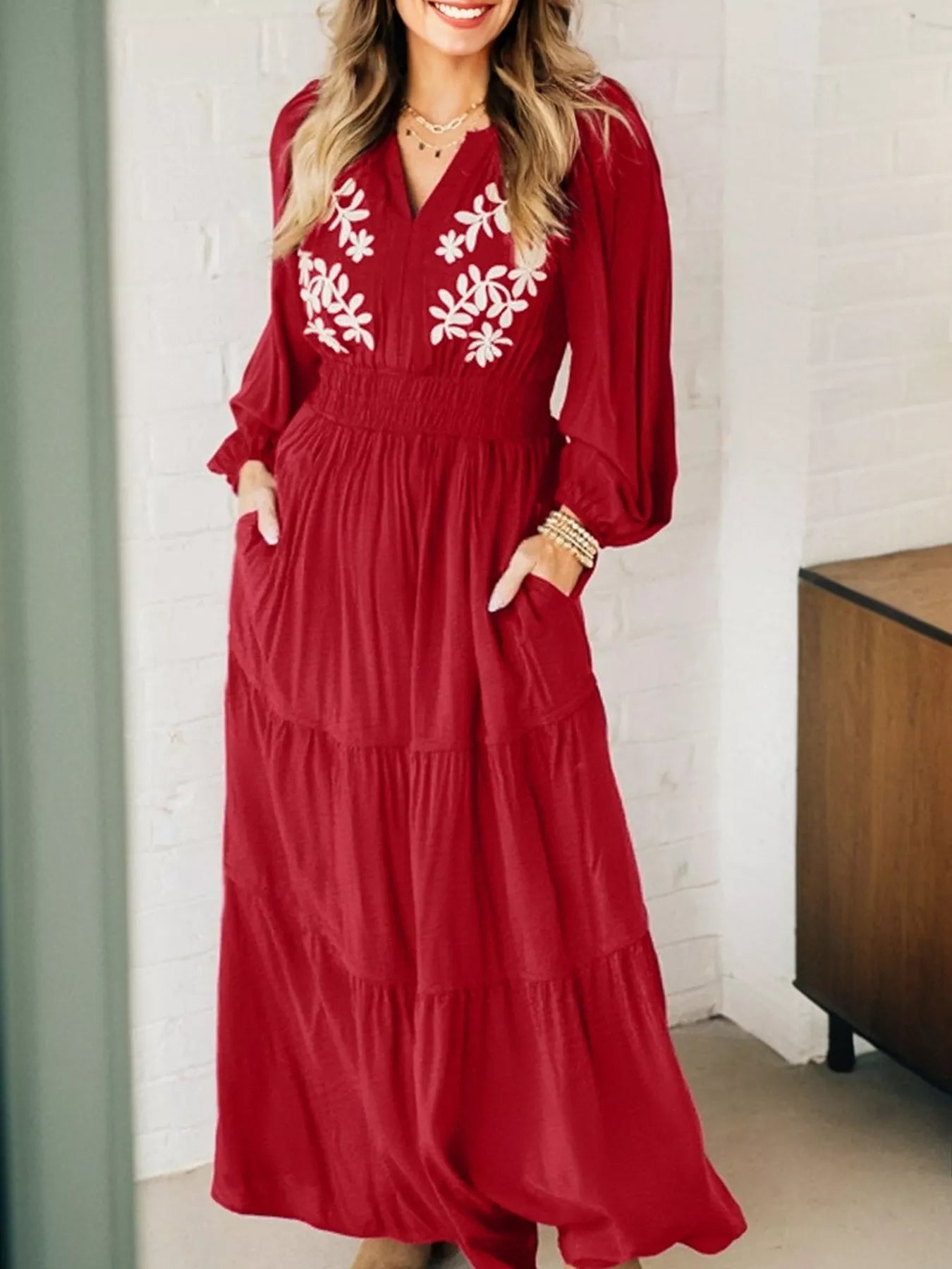 Embroidered Detail Cinched Waist Maxi Dress Secondary image