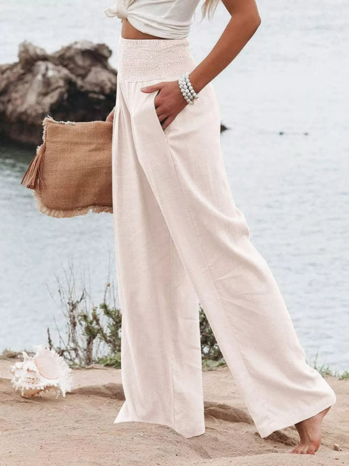 Smocked High Waisted Wide Leg Pants with Pockets