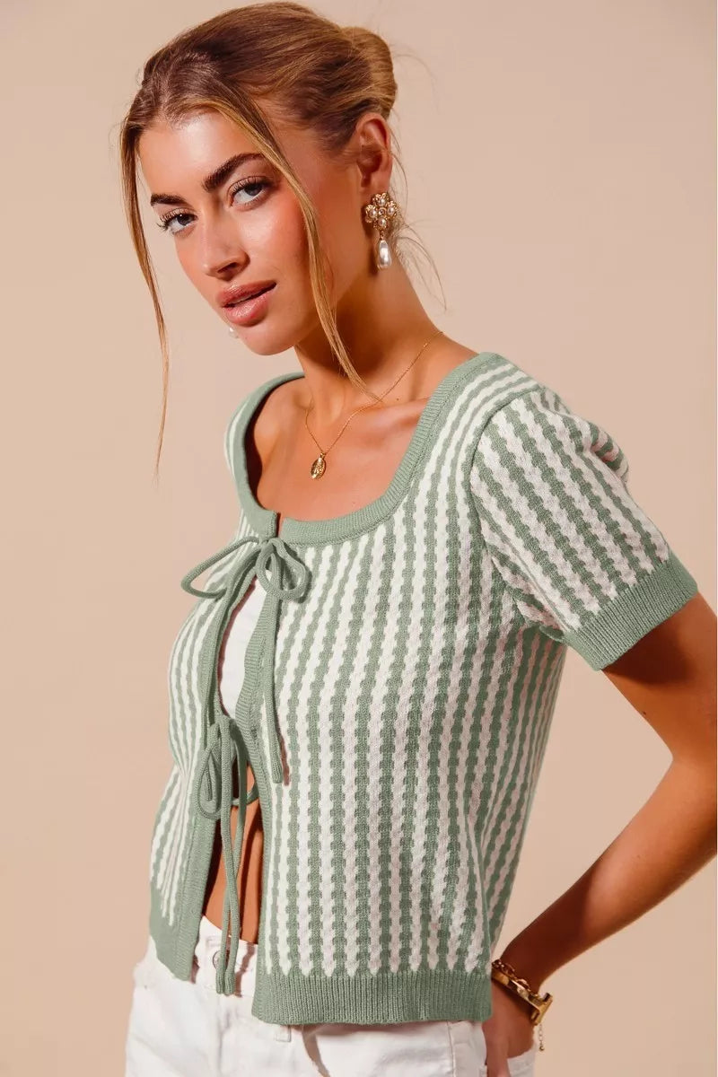 Tie Front Textured Vertical Stripe Knit Cardigan Secondary image