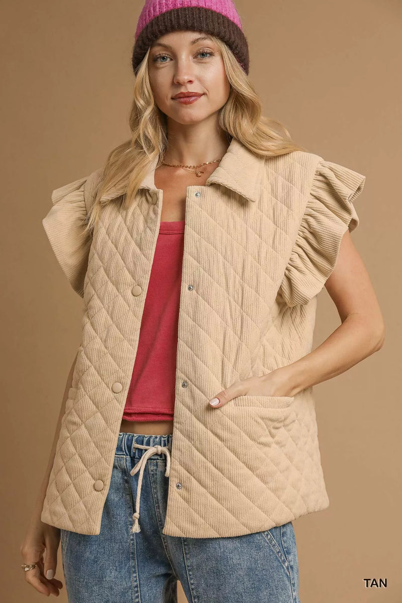 Corduroy Quilted Ruffle Sleeve Vest with Snap Buttons and Pockets Main image