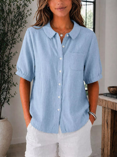 Button Up Short Sleeve Shirt with Pocket and Seam Detail