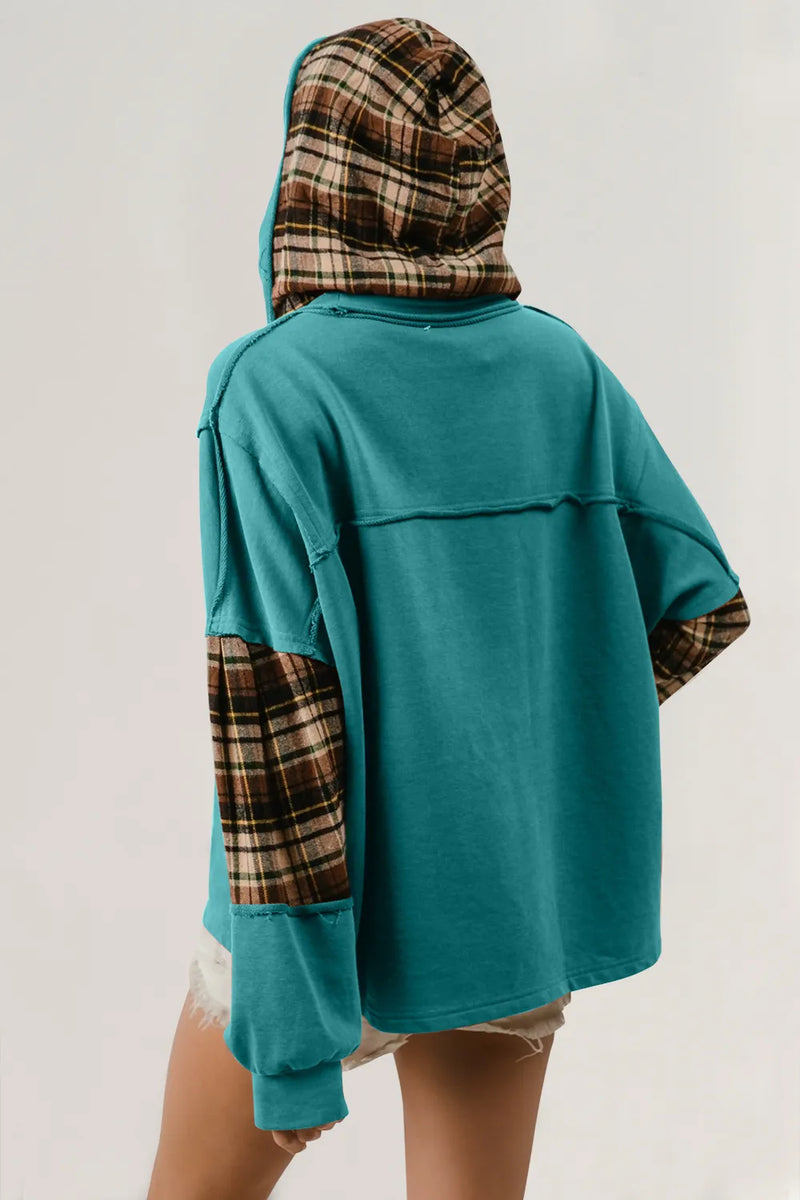 Plaid Star Patch Drawstring Long Sleeve Hoodie Secondary image
