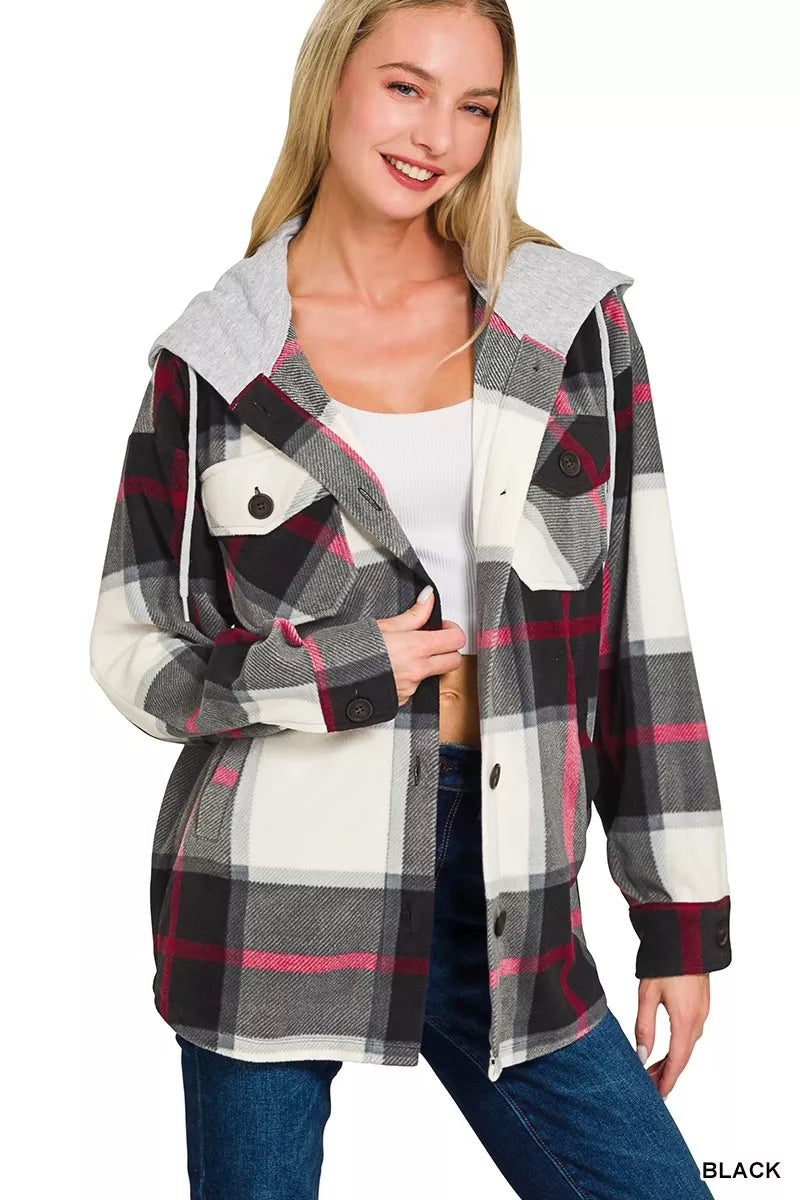 Plaid Drawstring Hooded Fleece Shacket with Pockets and Buttons Secondary image