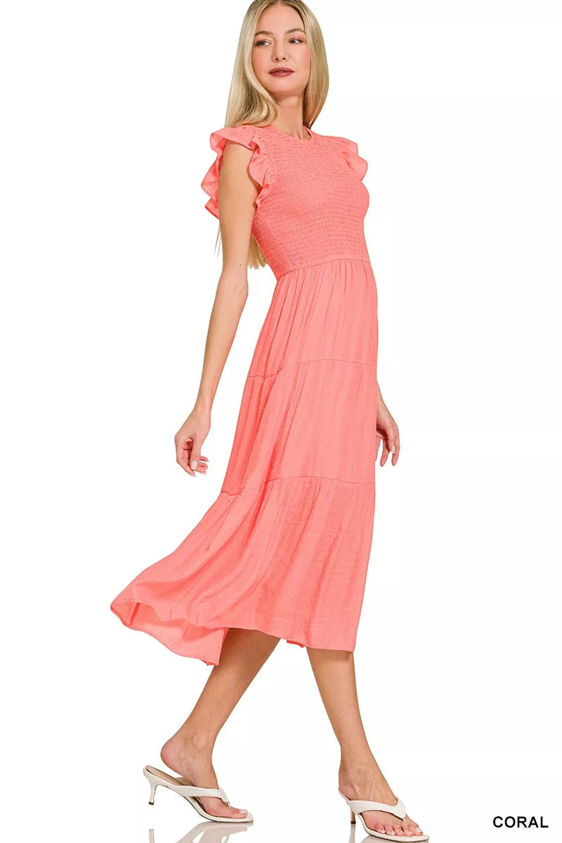 Zenana Woven Smocked Ruffle Sleeve Midi Dress Secondary image