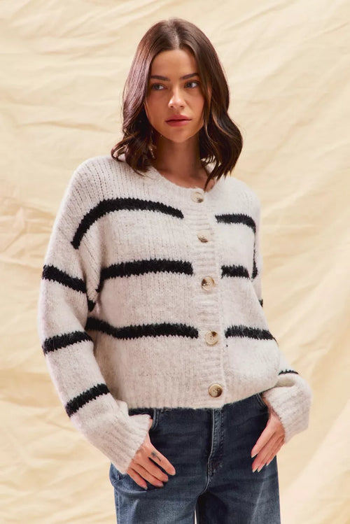 Stripe Soft Touch Button Cozy Sweater Cardigan