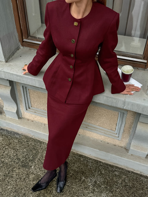 Button-Up Peplum Blazer and Skirt Set