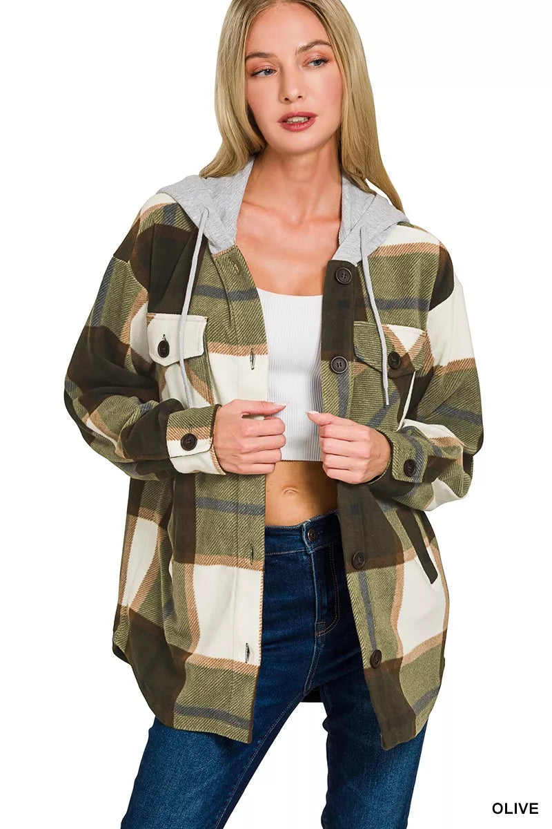 Plaid Drawstring Hooded Fleece Shacket with Pockets and Buttons Secondary image
