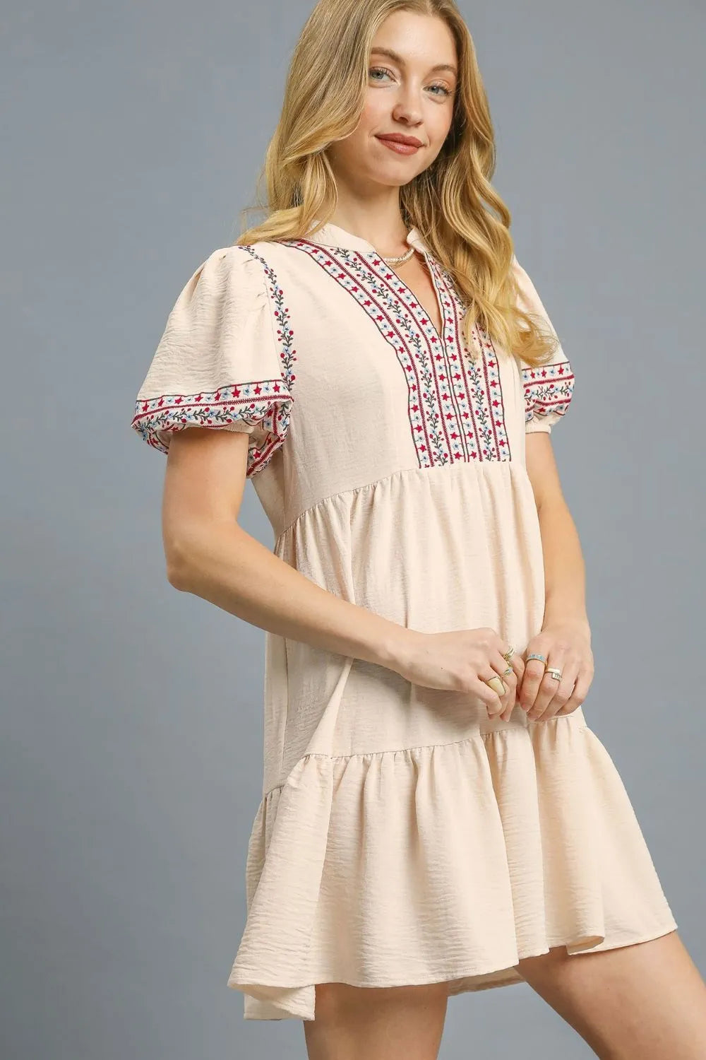 Umgee Floral Trim Puff Sleeve Mini Dress Secondary image