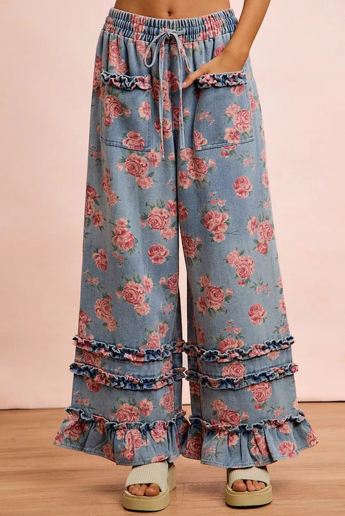Washed Floral Denim Wide Leg Pants with Ruffle Elastic Waist