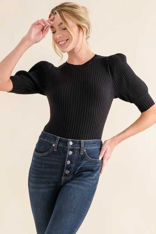 Puffed Half Sleeve Ribbed Basic Bodysuit