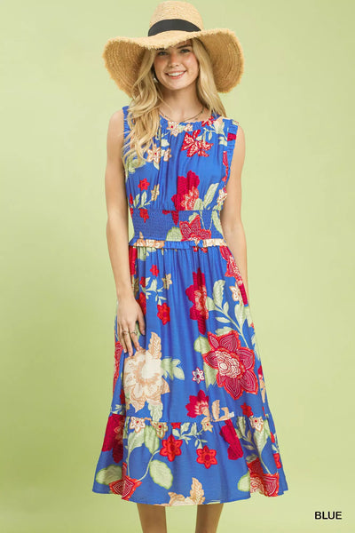 Floral Smocked Midi Dress with Tiered Ruffled Skirt