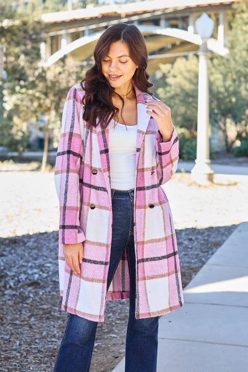 Double Take Plaid Button-Up Lapel Collar Coat
