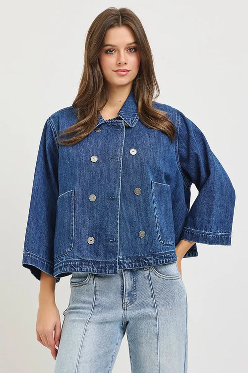 Double-Breasted Cropped Flowy Denim Jacket