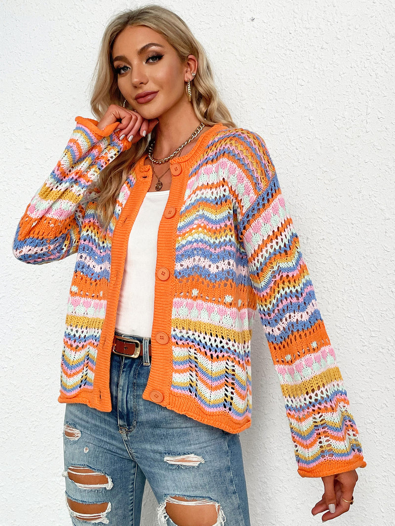 Chevron Stripe Openwork Button-Down Cardigan Secondary image