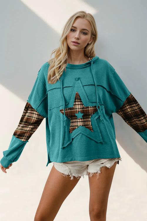 Double Take Plaid Star Patch Drawstring Long Sleeve Hoodie
