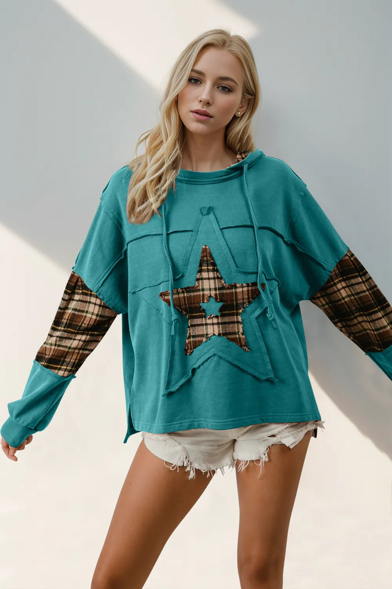 Plaid Star Patch Drawstring Long Sleeve Hoodie Main image