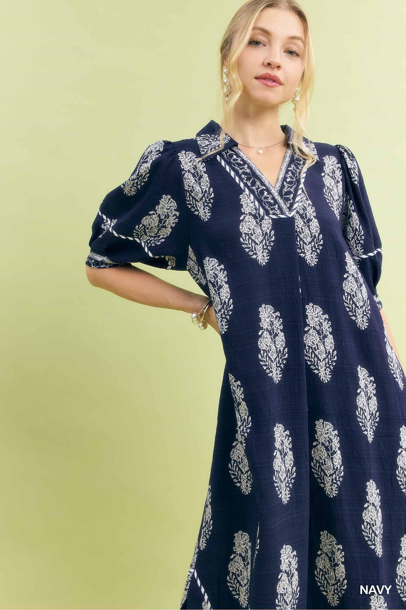 Umgee Border Print Collared Midi Dress Secondary image