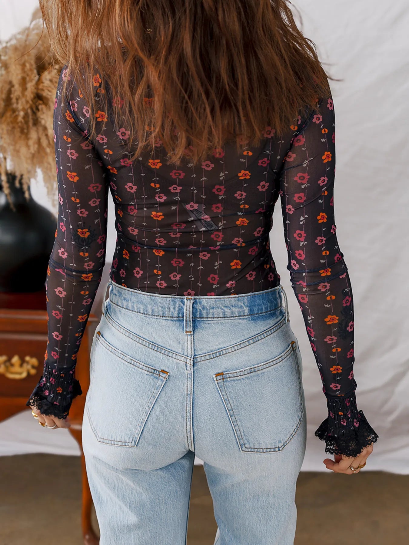 Floral Print Slim Fit Mesh Bodysuit with Smocked Cuffs Secondary image