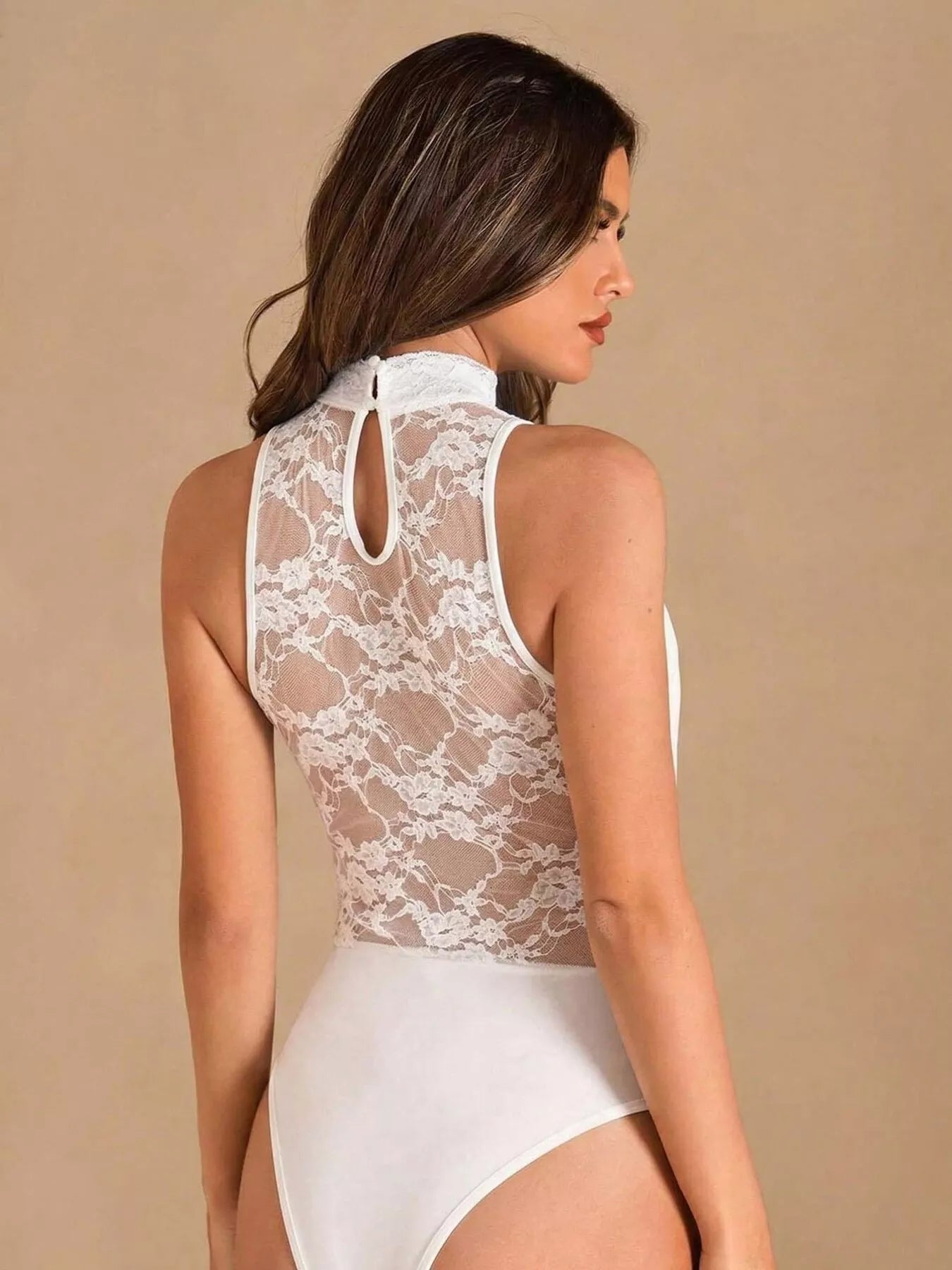 Sleeveless Lace Trim Sheer Bodysuit with Buttons Secondary image