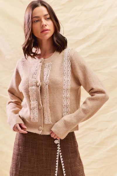 Front Lace Trim Button Cardigan Sweater Knit Top