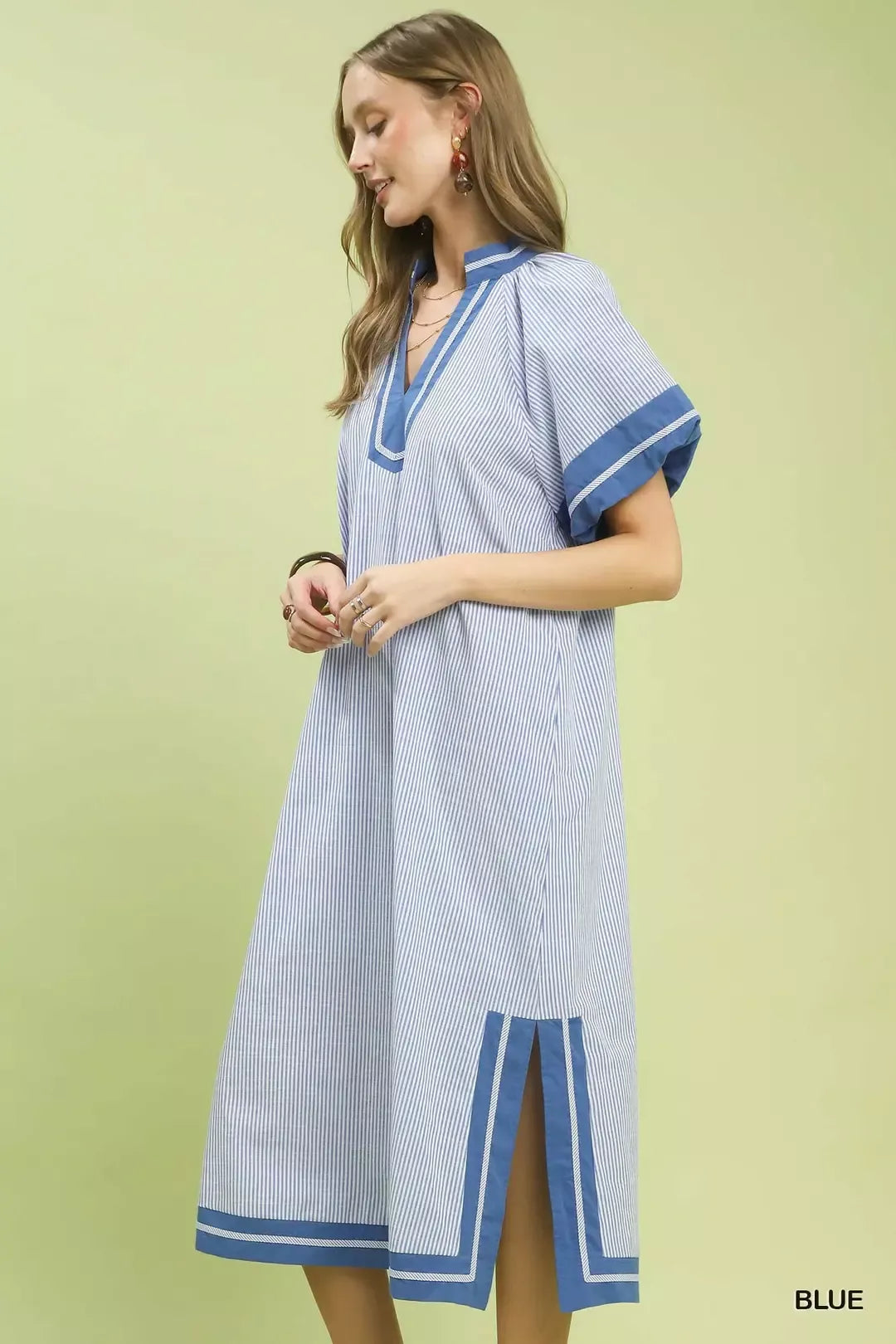 Umgee Pinstripe Contrast Trim Midi Dress Secondary image