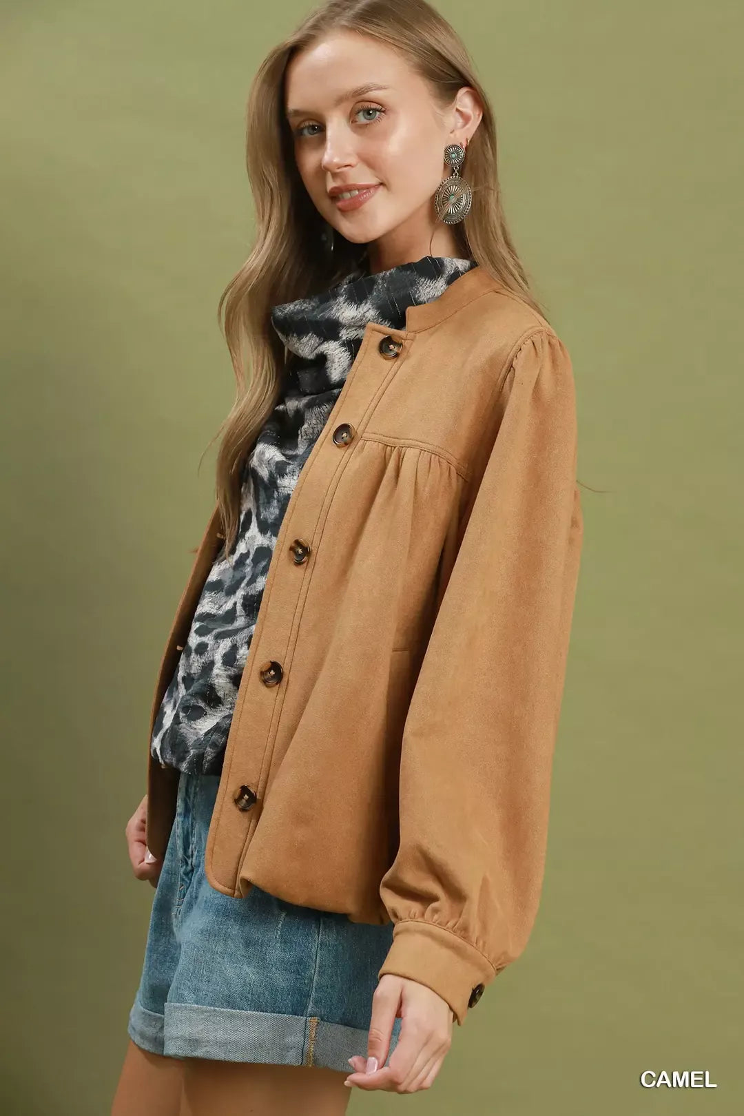 Suede Button Front Balloon Sleeve Jacket Secondary image