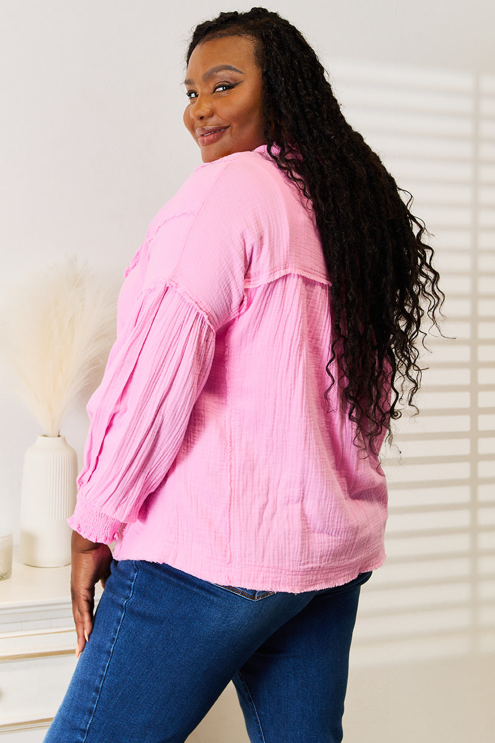 Double Take Exposed Seam Buttoned Notched Neck Blouse Secondary image