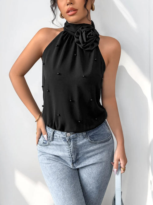 3D Flower Grecian Neck Bodysuit Polyester