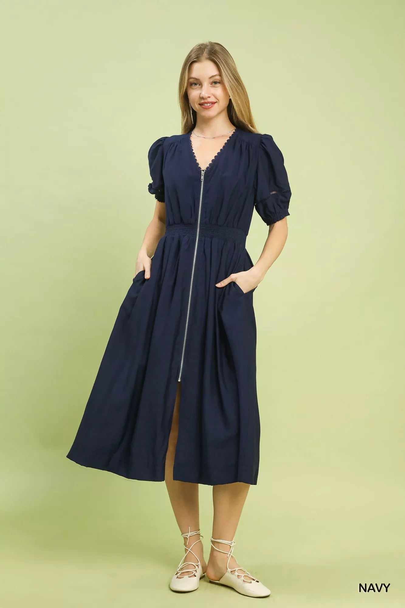 Umgee Zip-Front Smocked Waist Midi Dress Secondary image