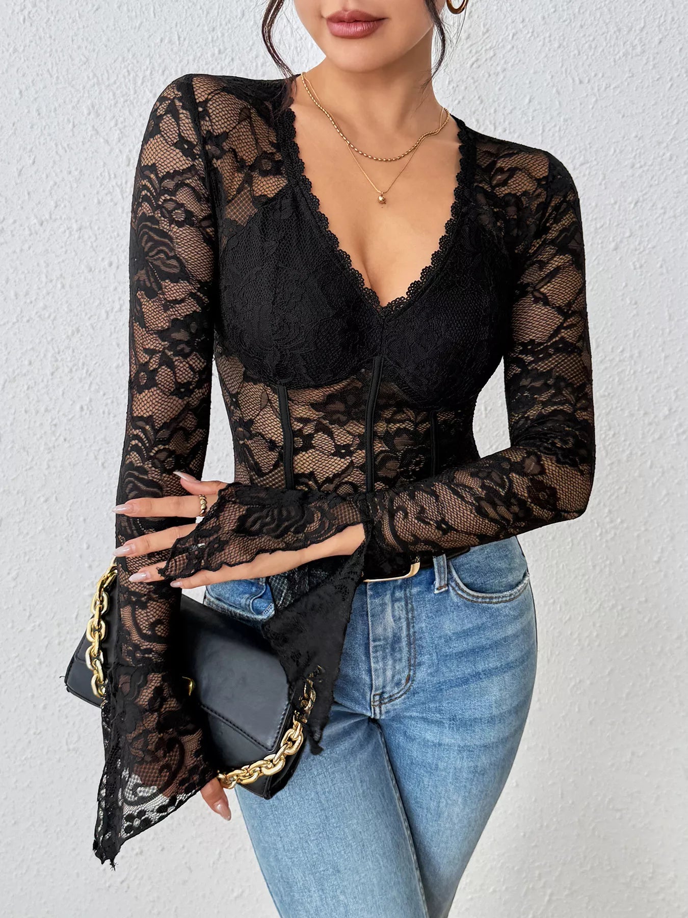 Sheer Lace Long Sleeve Bodysuit Secondary image