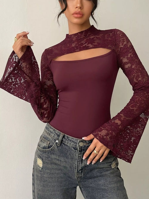 Lace Sheer Cut-Out Flare Sleeve Bodysuit