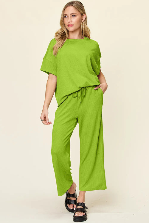 Round Neck Short Sleeve T-Shirt and Wide Leg Pants Set