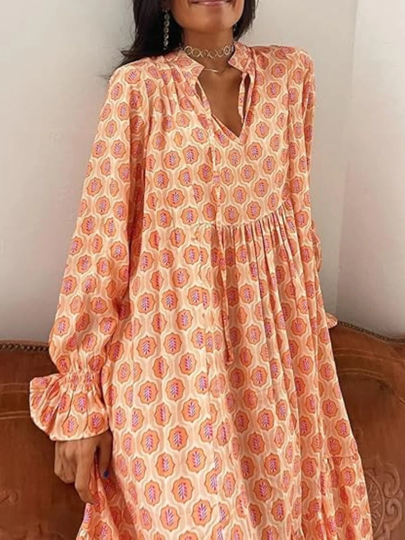 Printed Tie Neck Flounce Sleeve Maxi Dress Secondary image