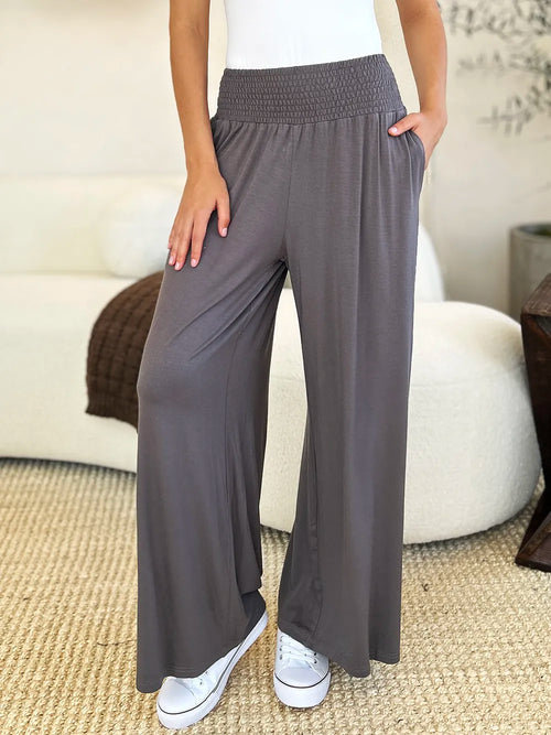 Smocked Waistband Wide Leg Pants