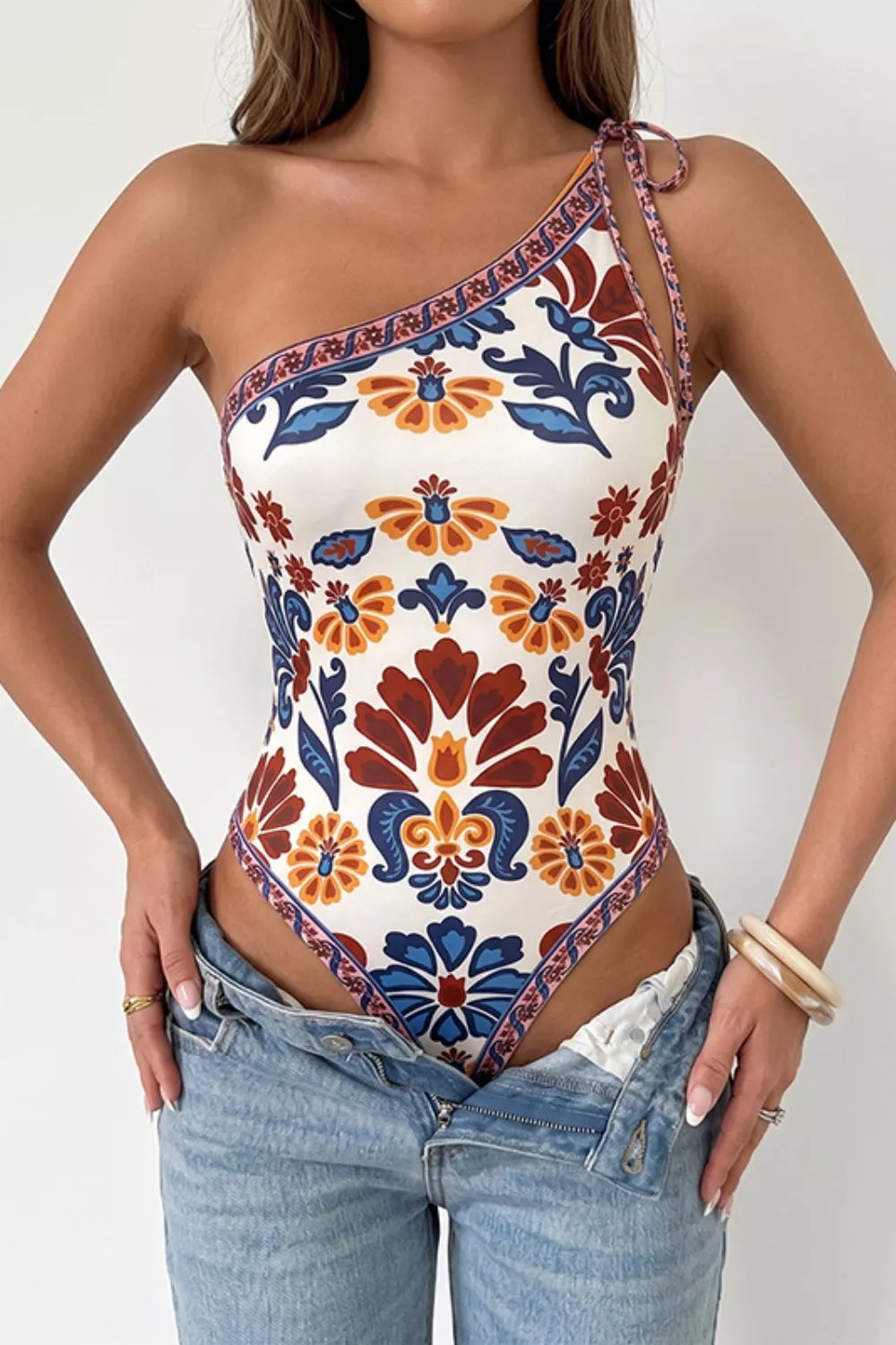 Floral Print One-Shoulder Tie Cutout Bodysuit Secondary image